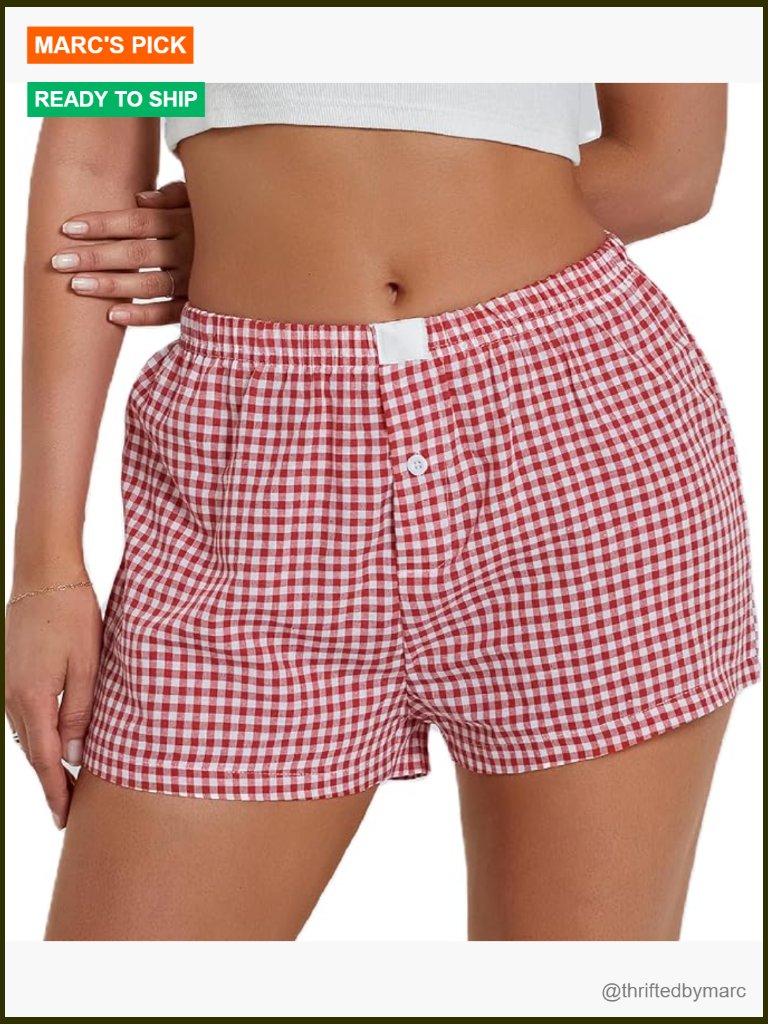 Y2k Gingham Pajama Shorts Low Rise Elastic Waist Plaid Lounge Sleep Shorts